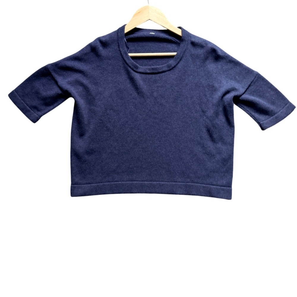 Lululemon Knit Top Womens L Navy Blue Short Sleeve Boxy Crew Neck EUC